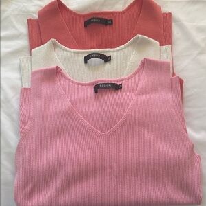 3 Women's V-Neck Stretch, Ribbed Tank - Pink, White,Coral-Wear alone or layer